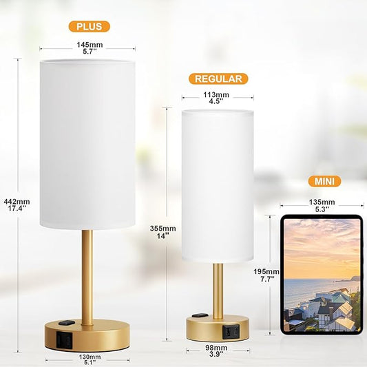 Fenmzee Gold Nightstand Bedroom Lamp - 3 Way Dimmable Bedside Lamp USB C A Charging Ports and AC Outlet, Small Table Lamp Linen Lampshade for Office Desk