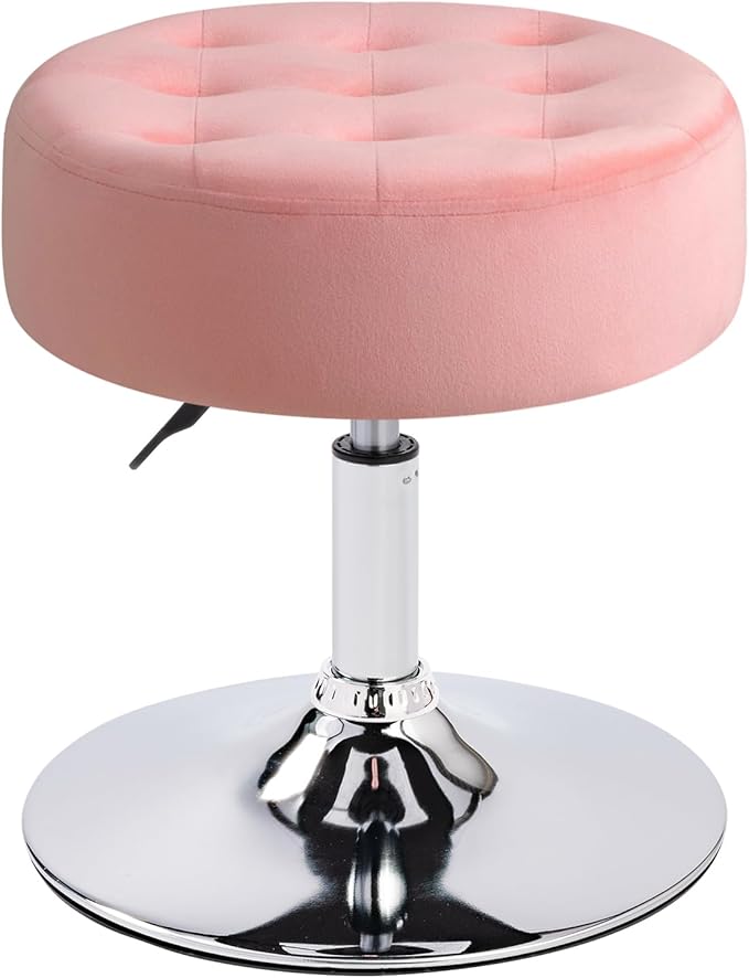 Furniliving Mid-Century Velvet Tufted Makeup Ottoman Stool, 360° Swivel Adjustable Vanity Stool Modern Big Size Vanity Chair Stools for Living Room Bedroom Bathroom, Pink