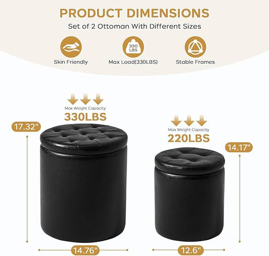 Round Ottoman with Storage Set of 2, 12.6" W x 14.17" H & 14.76" W x 17.32" H Faux Leather Storage Ottoman for Living Room Bedroom, Small Coffee Table Padded Ottoman, Black