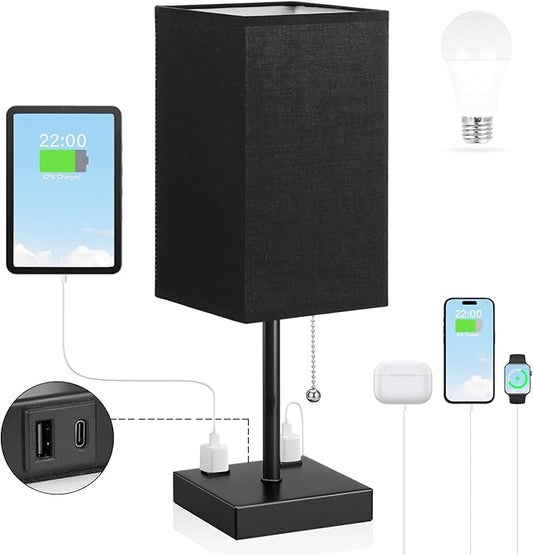 Black Medium Table Lamp with USB Ports - 3 Color Temperature Bedside Lamp for Bedroom, Pull Chain Control, USB A and C Ports, 2 AC Outlets, Bulb Included