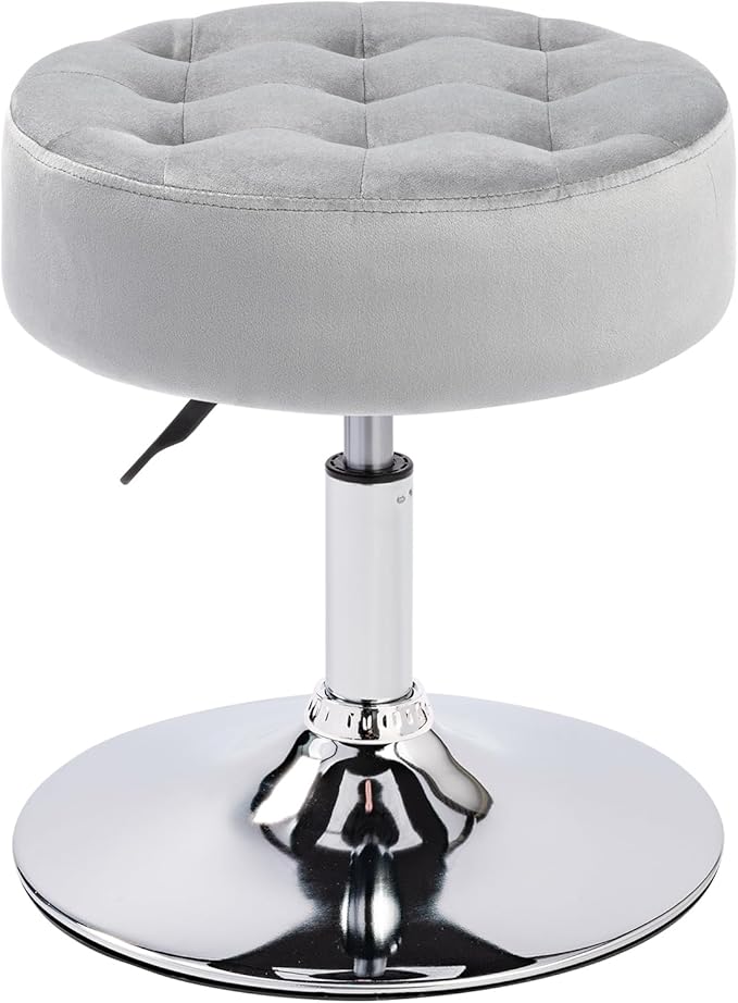 Furniliving Mid-Century Velvet Tufted Adjustable Swivel Makeup Ottoman Stool; Modern Big Size Round Vanity Stool Chair for Bedroom Living Room (LightGrey)