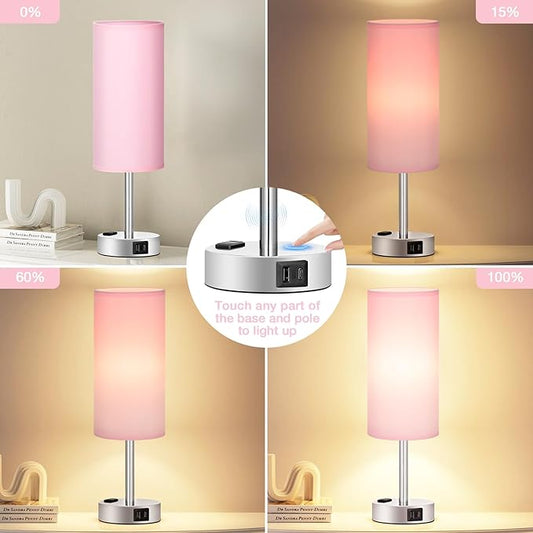 Fenmzee Pink Lamp for Bedroom Nightstand - 3 Way Dimmable Touch Table Lamp USB C Charging Ports, Small Lamp with AC Outlet for Desk Girls Room, LED Bulb Included
