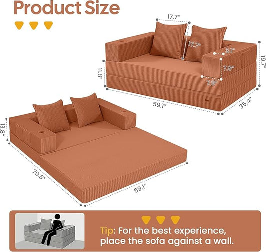 COMAX Futon Sofa Bed, 4‑in‑1 Convertible Sofa Bed, Folding Boneless Couches for Living Room, Fold Out Small Foldable Loveseat Floor Sleeper Comfy Mattress Lounge Space‑Saving, Light Orange
