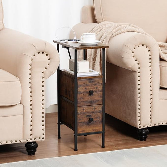 Narrow Nightstand with Charging Station, End Tables Living Room Set of 2, Skinny Side Table with Fabric Drawers, Slim Sofa Table for Bedroom, Small Spaces, Couch, Rustic Brown, HETNDP02PBR