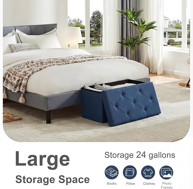 DUMOS 30in Foldable Storage Ottoman Bench, Ottoman Bench Foot Rest Stool with Padded Seat, Bedroom Bench with for Living Room, Support 660lbs, Blue