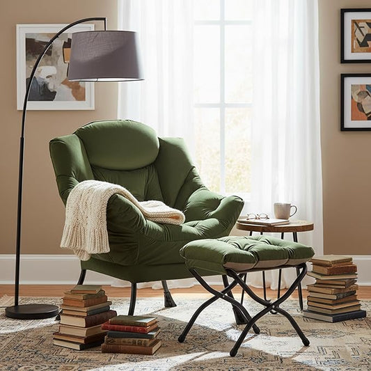 Welnow Lazy Chair with Ottoman, Modern Reading Accent Chair with Armrests and a Side Pocket, Leisure Upholstered Lazy Sofa Set with Footrest for Small Space, Army Green