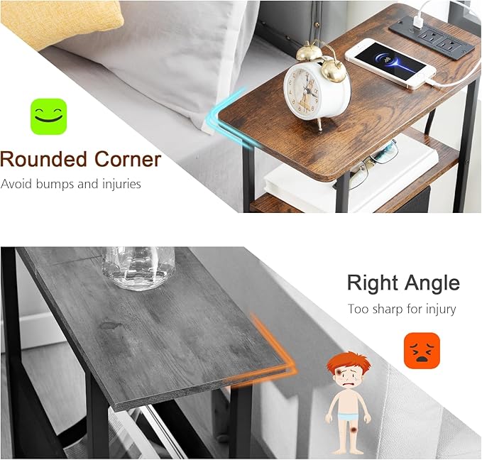 Narrow Nightstand with Charging Station, End Tables Living Room Set of 2, Skinny Side Table with Fabric Drawers, Small Sofa Table with LED Light for Bedroom, Brown, HETNDP02LBR