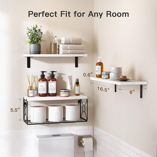 Amada Bathroom Shelves Over Toilet with Storage Basket, Floating Wall Shelf for Home Organization & Wall Decor, Bathroom/Kitchen/Living Room Shelves–White
