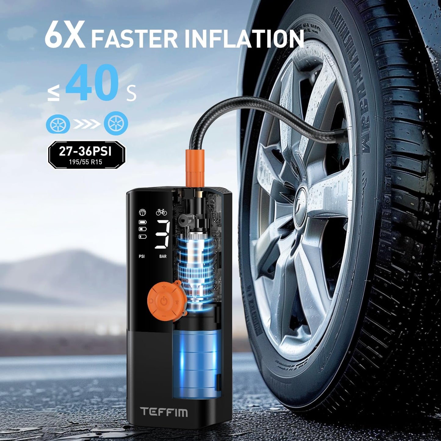 Portable Tire Inflator - 150PSI, 20000mAh, 12V Air Compressor for Car, Bike & More
