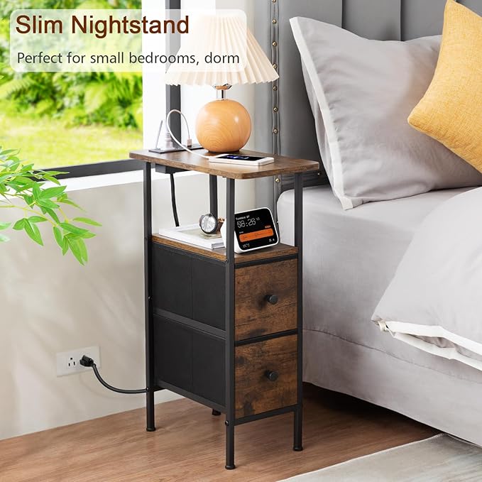 Narrow Nightstand with Charging Station, End Tables Living Room Set of 2, Skinny Side Table with Fabric Drawers, Slim Sofa Table for Bedroom, Small Spaces, Couch, Brown, HETNDP02BR