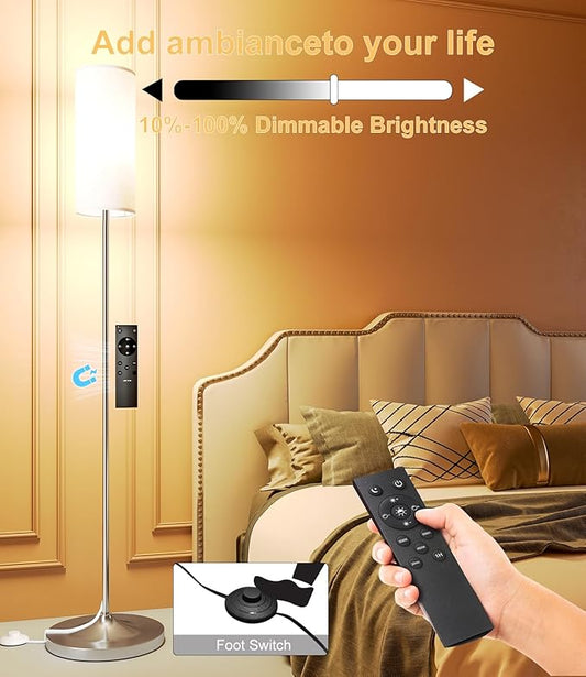 luckystyle LED Floor Lamp for Living Room, Dimmable Standing Lamps with Foot Switch,Remote Custom Color Temperature Silver Pole Lamp with Lampshade,12W Led Bulb Tall Lamps for Bedroom Office Kid Room