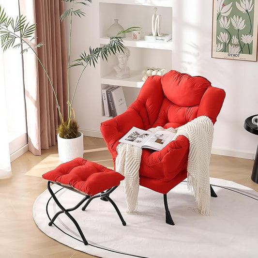 Welnow Lazy Chair with Ottoman, Modern Accent Chair with Armrests and a Side Pocket, Leisure Sofa Armchair Set, Reading Armchair with Footrest for Small Space, Red