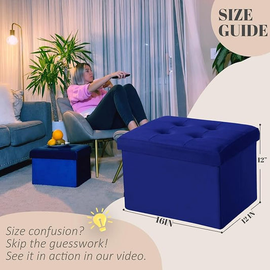 LINMAGCO Small Velvet Ottoman with Storage Rectangle Foot Rest Under Desk Stool for Room Folding Ottoman Furniture with Button turfted-Navy 16X12X12IN