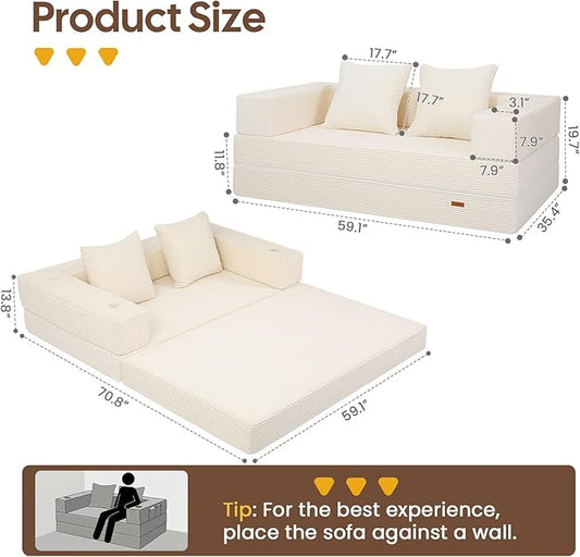 COMAX Futon Sofa Bed, 4‑in‑1 Convertible Sofa Bed, Folding Boneless Couches for Living Room, Fold Out Small Foldable Loveseat Floor Sleeper Comfy Mattress Lounge Space‑Saving, Beige