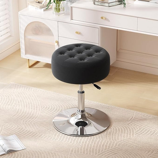 Furniliving Mid-Century Velvet Tufted Makeup Ottoman Stool, Modern Big Size Swivel Round Adjustable Vanity Stool Chair for Living Room Bedroom, Black