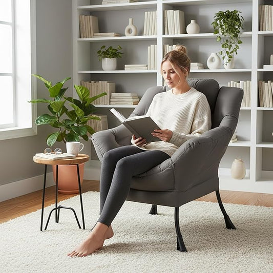 Welnow Lazy Chair for Living Room, Modern Reading Accent Chair with Armrests and a Side Pocket, Leisure Upholstered Lazy Sofa for Small Space, Bedroom, Dorm, Dark Grey