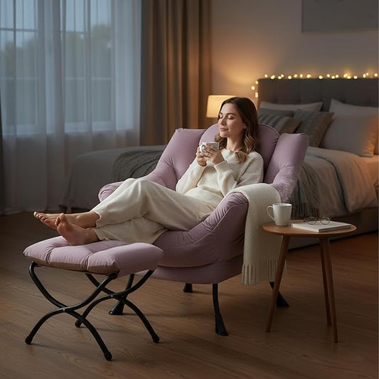Welnow Lazy Chair with Ottoman, Modern Accent Chair with Armrests and a Side Pocket, Leisure Upholstered Sofa Armchair Set, Reading Armchair with Footrest for Small Space, Light Purple