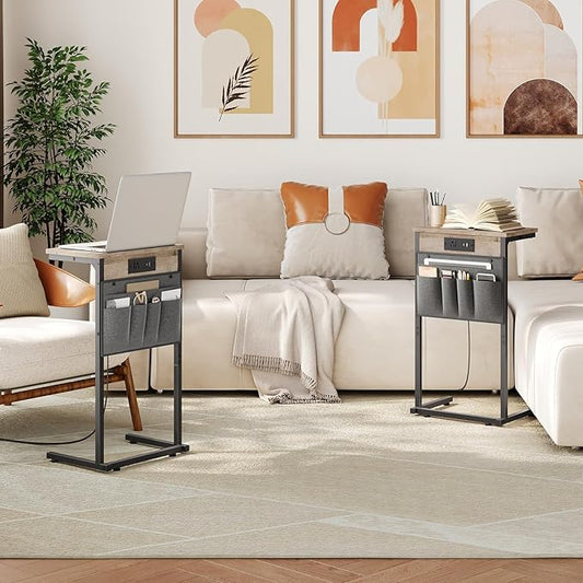 HOOBRO C Shaped End Table with Charging Station, 28" Tall Couch Table for Couch and Recliner for Small Spaces, Slide Under Sofa Table TV Tray with Storage Bag for Living Room, Greige BG70USF01