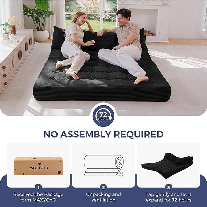 MAXYOYO Folding Sofa Couch, Convertible Floor Sleeper Couch with 2 Pillows, Tufted Floor Oversized Loveseat Couch Tufted Fold Out Chair Bed Comfy Sofa Lounge for Living Room Bedroom, Black