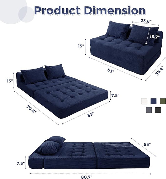 MAXYOYO Folding Sofa Couch, Convertible Floor Sleeper Couch with 2 Pillows, Tufted Floor Loveseat Couch Tufted Fold Out Chair Bed Comfy Sofa Lounge for Living Room Bedroom, Navy