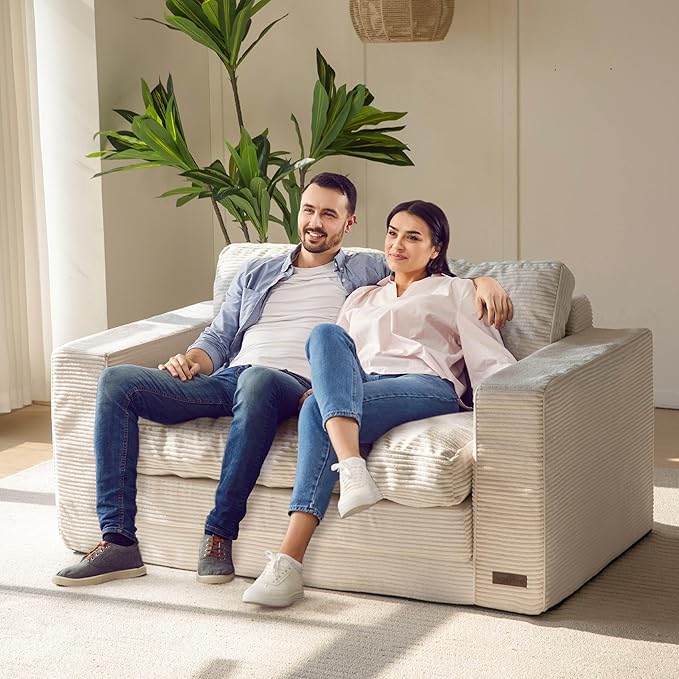 MAXYOYO Convertible Sofa Bed, Pull Out Loveseat Sleeper Sofa, 2 in 1 Folding Couch Bed, Fold Out Floor Couch with Pillows for Living Room Bedroom Lounge, Beige