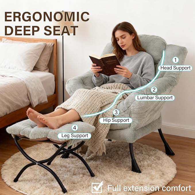 Welnow Lazy Chair with Ottoman, Modern Accent Chair with Armrests and a Side Pocket, Leisure Sofa Armchair, Reading Armchair with Footrest for Small Space, Plush Green