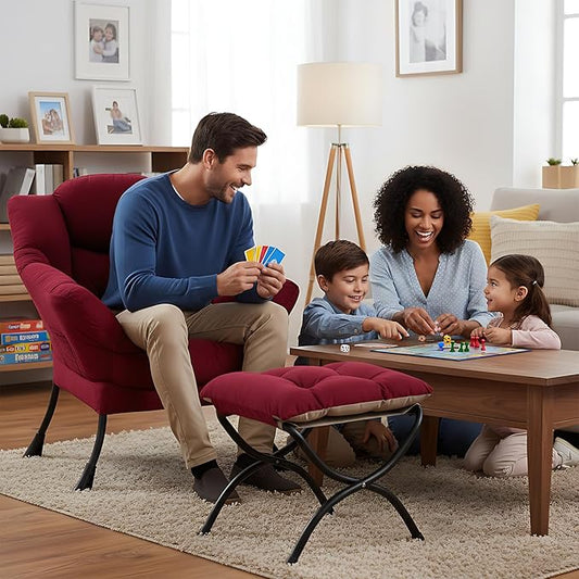Welnow Lazy Chair with Ottoman, Modern Accent Chair with Armrests and a Side Pocket, Leisure Sofa Armchair, Reading Armchair with Footrest for Small Space, Burgundy