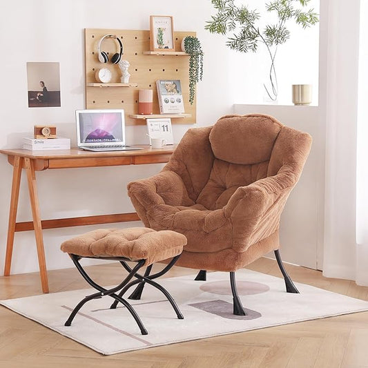 Welnow Lazy Chair with Ottoman, Modern Accent Chair with Armrests and a Side Pocket, Leisure Sofa Armchair, Reading Armchair with Footrest for Small Space, Plush Brown