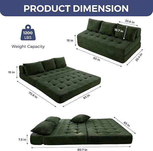 MAXYOYO Folding Sofa Couch, Convertible Floor Sleeper Couch with 2 Pillows, Tufted Floor Oversized Loveseat Couch Tufted Fold Out Chair Bed Comfy Sofa Lounge for Living Room Bedroom, Dark Green