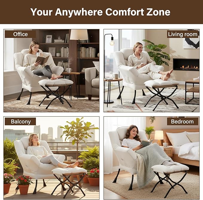 Welnow Lazy Chair with Ottoman, Modern Reading Accent Chair with Armrests and a Side Pocket, Leisure Upholstered Lazy Sofa Set with Footrest for Small Space, Beige