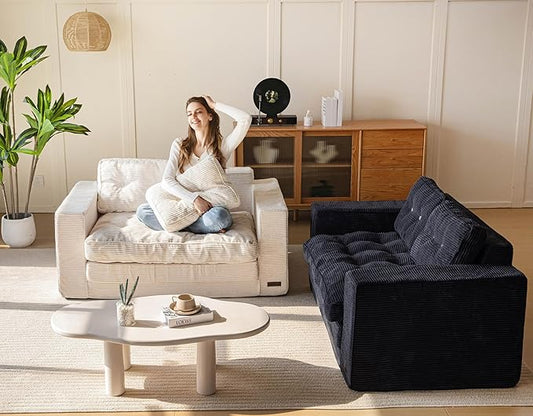 MAXYOYO Convertible Sofa Bed, Pull Out Loveseat Sleeper Sofa, 2 in 1 Folding Couch Bed, Fold Out Floor Couch with Pillows for Living Room Bedroom Lounge, Black