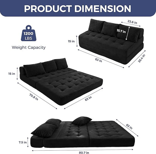 MAXYOYO Folding Sofa Couch, Convertible Floor Sleeper Couch with 2 Pillows, Tufted Floor Oversized Loveseat Couch Tufted Fold Out Chair Bed Comfy Sofa Lounge for Living Room Bedroom, Black