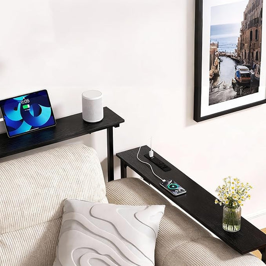 GRLEAF 2 Pack Adjustable Height Narrow Console Table with Power Outlets, 70" Long Sofa Table with Charging Station Behind Couch Table Entryway Table for Living Room and Hallway – Black