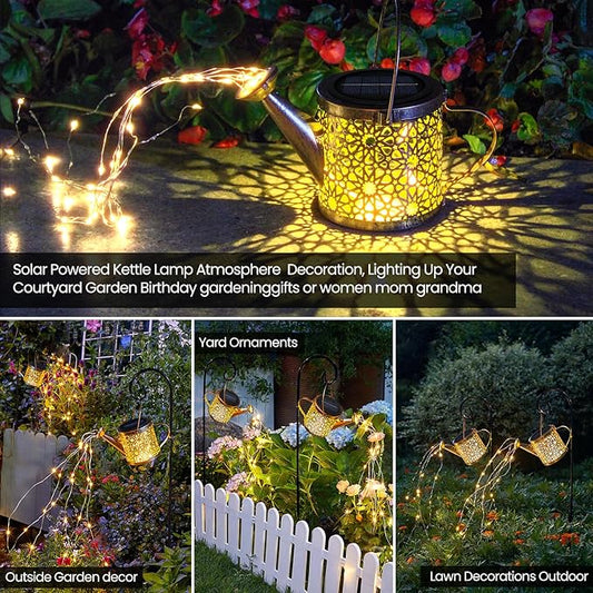 Solar Lights Outdoor Decorative, Metal Watering Can Lights Waterproof, Small Hanging Garden Decor Yard Outside Patio Lawn, Gifts for Mom Grandma Women Birthday(Warm White)