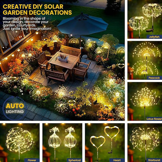 GIGALUMI Garden Decor Outdoor Lights 120LED 2Pack, Solar Garden Lights for Outside Christmas Fairy Firework Decorative,Solar Powered for Yard Pathway Flowerbed Planter Balcony Patio Decor (Warm White