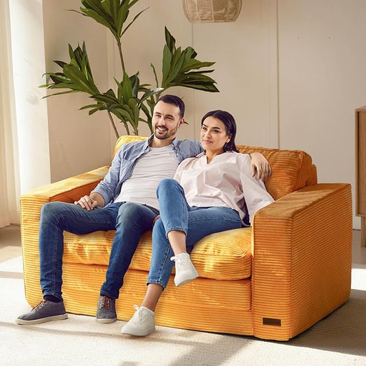 MAXYOYO Convertible Sofa Bed, Pull Out Loveseat Sleeper Sofa, 2 in 1 Folding Couch Bed, Fold Out Floor Couch with Pillows for Living Room Bedroom Lounge, Orange