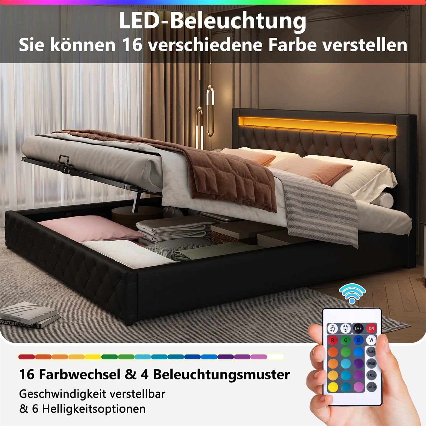 Adult chest bed 180x200 cm, double bed with slatted box and LED lighting, PU bed headboard PU, Black