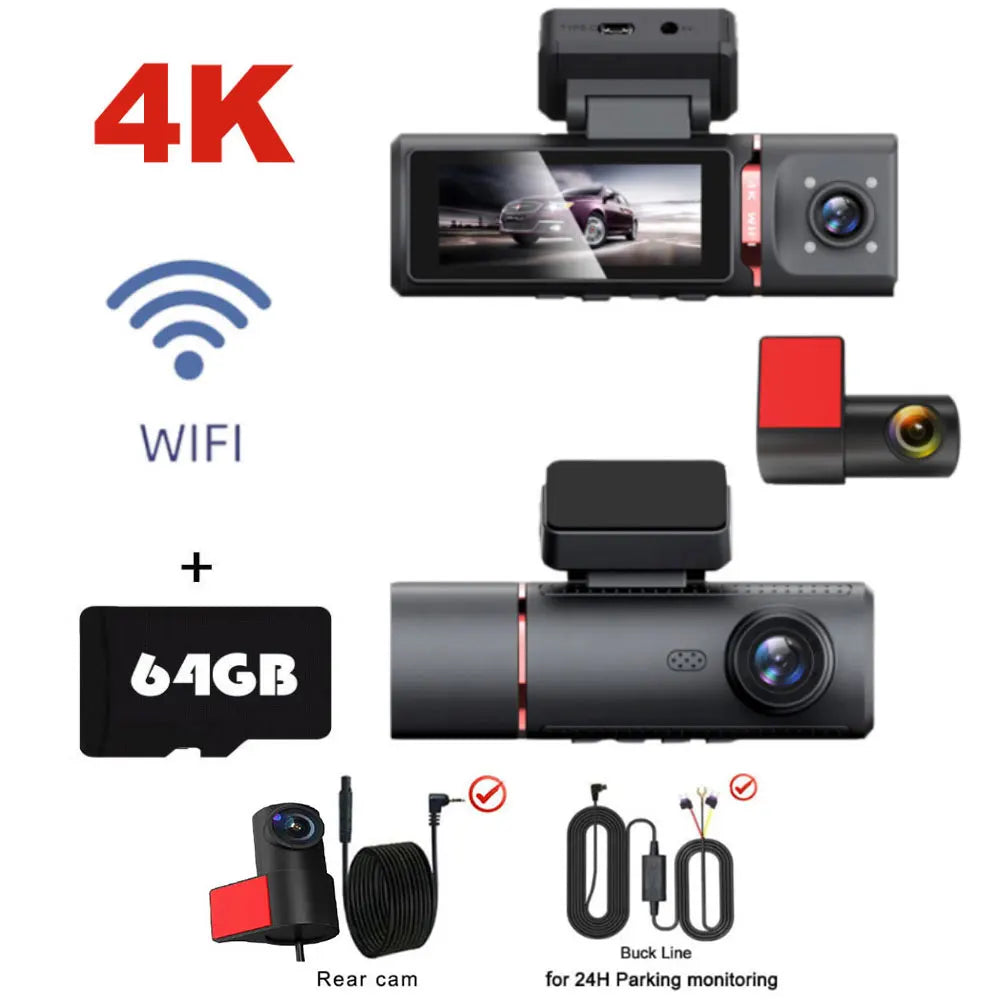 3 Channel Car DVR UHD 4K 3-Lens Inside Vehicle Dash Cam Three Way Came