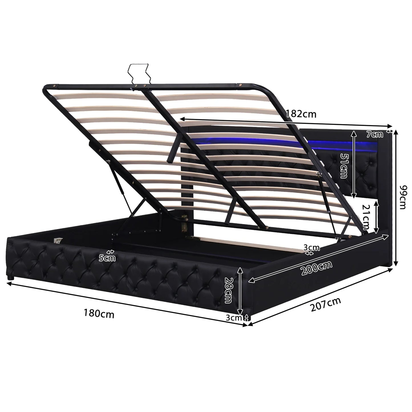 Adult chest bed 180x200 cm, double bed with slatted box and LED lighting, PU bed headboard PU, Black