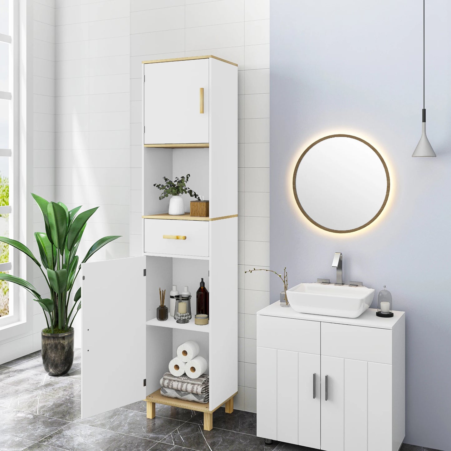 Tall Bathroom Cabinet with 5 Compartments 1 Drawer Adjustable Partitions 39x179x30cm Shower Corner Shelf Storage Rack
