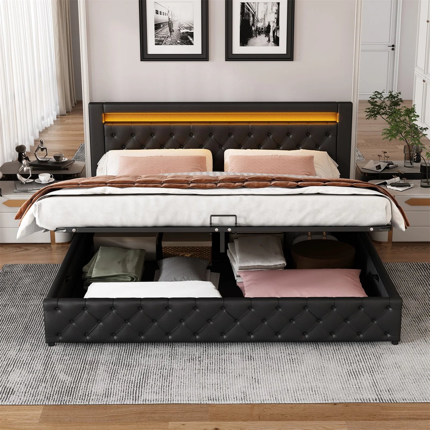 Adult chest bed 180x200 cm, double bed with slatted box and LED lighting, PU bed headboard PU, Black