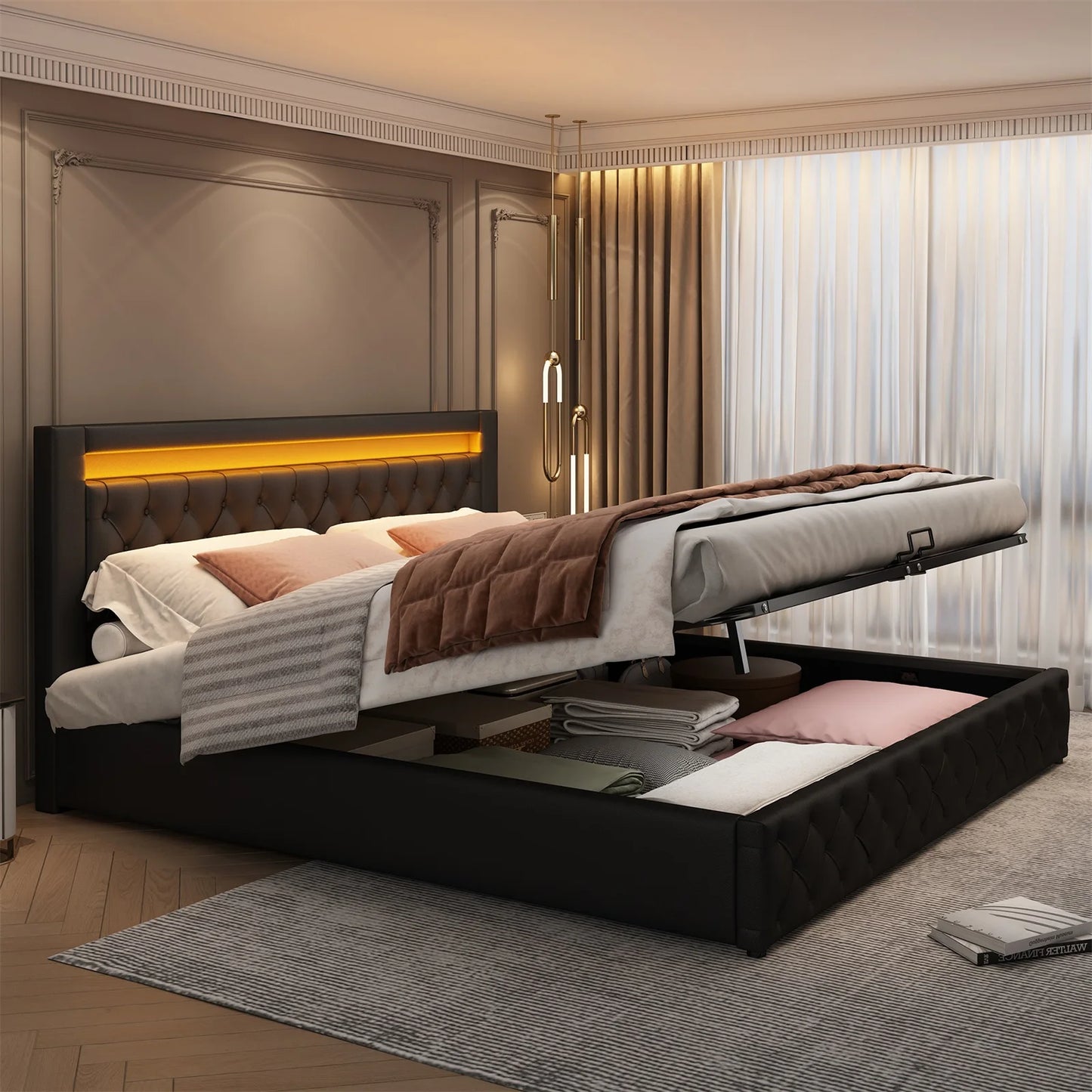 Adult chest bed 180x200 cm, double bed with slatted box and LED lighting, PU bed headboard PU, Black