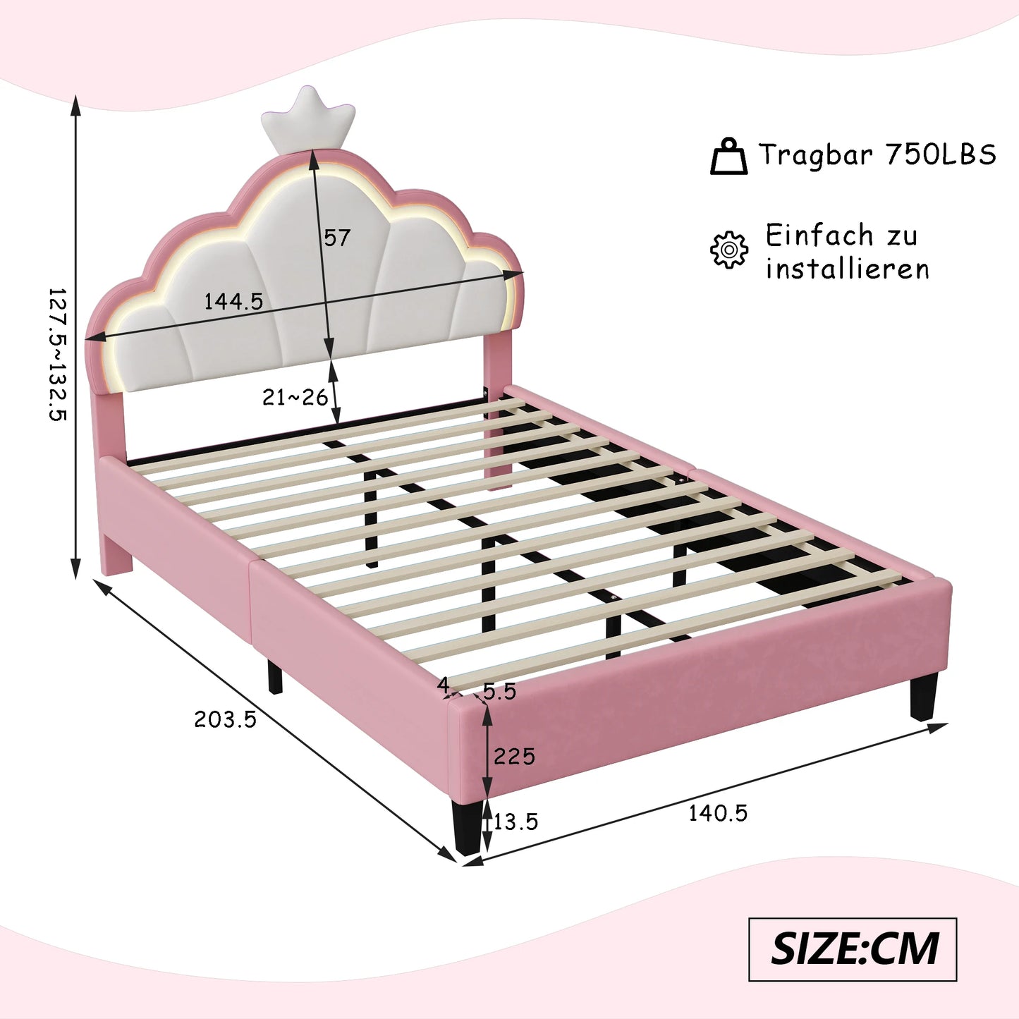 Rosahqnda Children's bed, girls Single bed, Double Bed, Crown Shape Princess bed, Adjustable Headboard, Pink