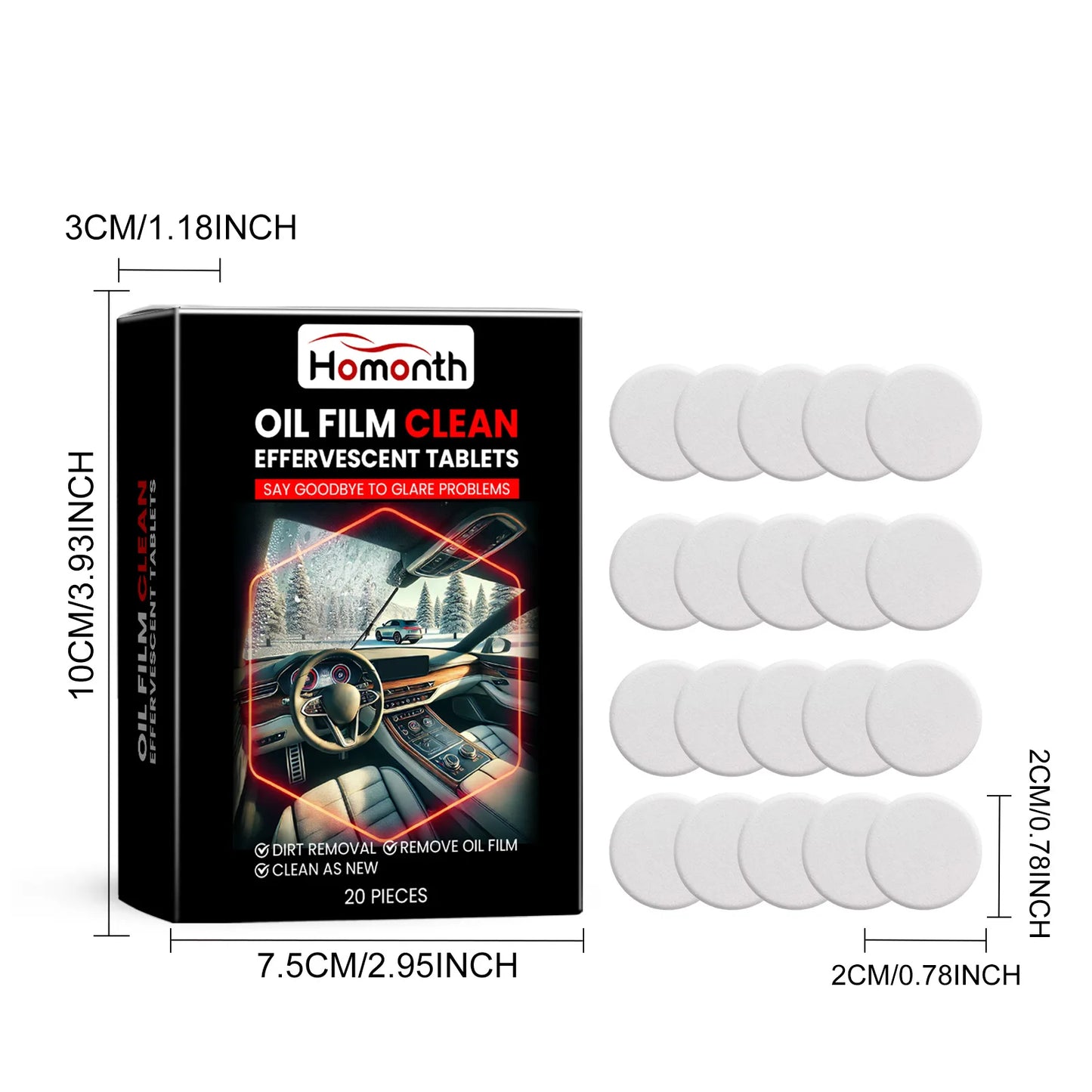 Homonth 20pcs Car Window Oil Film Remover Windshield Cleaner Auto Glass Polishing Stains Remove Wiper Fluid Tablets Car Care