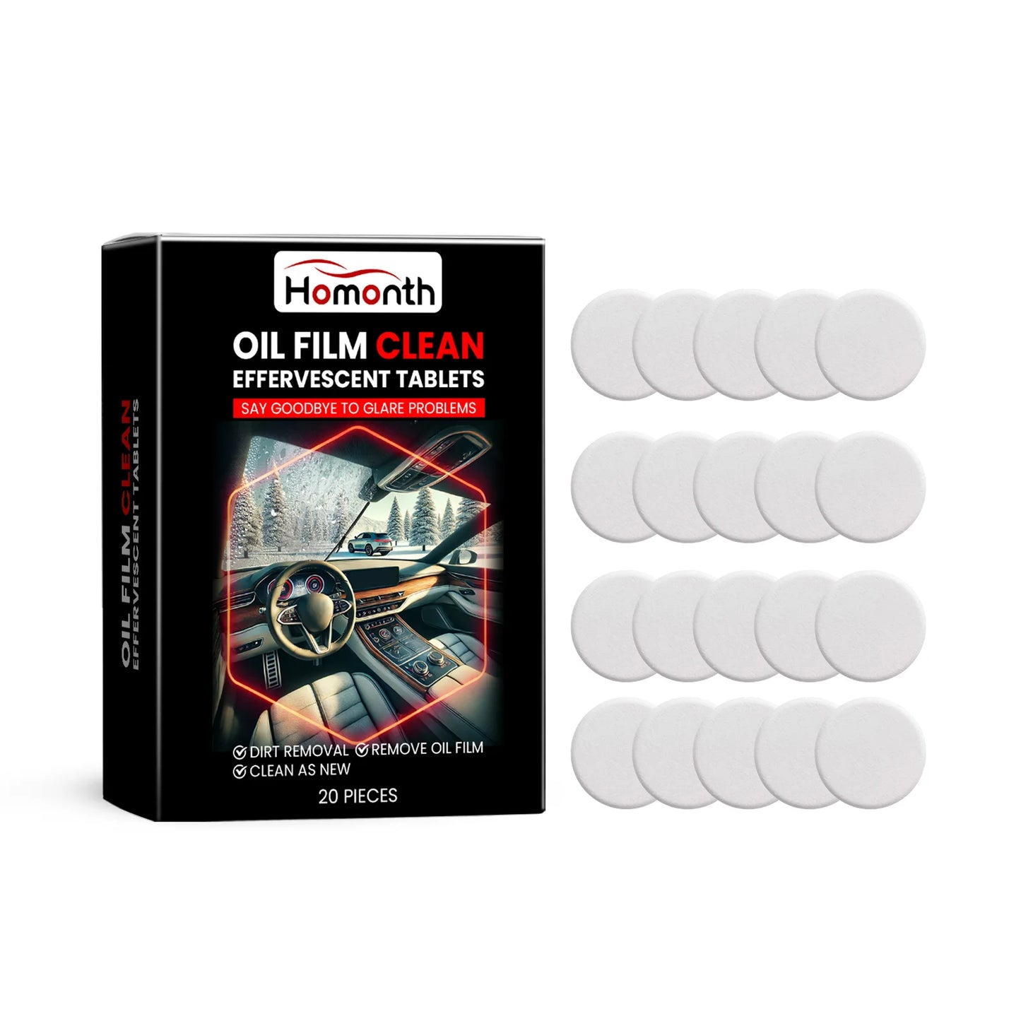 Homonth 20pcs Car Window Oil Film Remover Windshield Cleaner Auto Glass Polishing Stains Remove Wiper Fluid Tablets Car Care