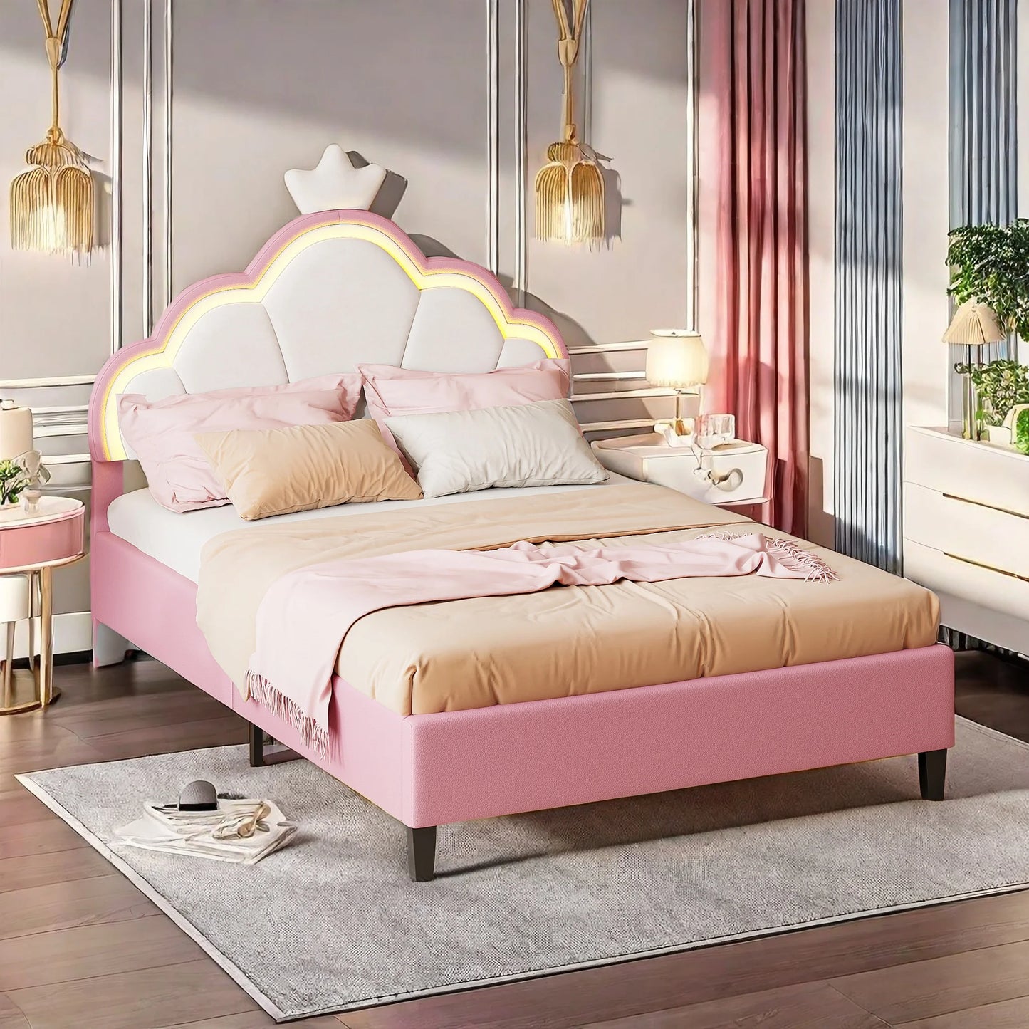 Rosahqnda Children's bed, girls Single bed, Double Bed, Crown Shape Princess bed, Adjustable Headboard, Pink
