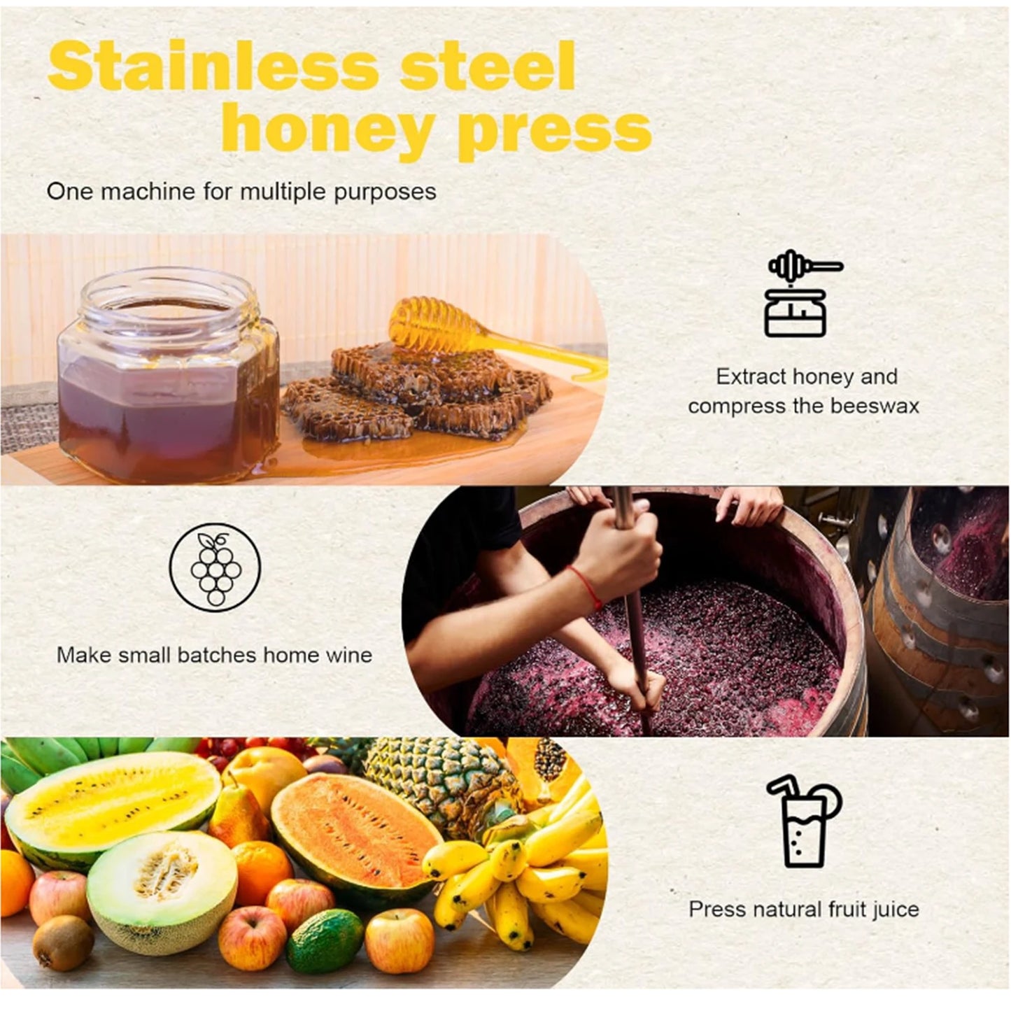 Honey Press Machine with Cover Manual Metal Honey Extractor Beekeeper Equipment Portable for Household Farmhouse Beekeeping