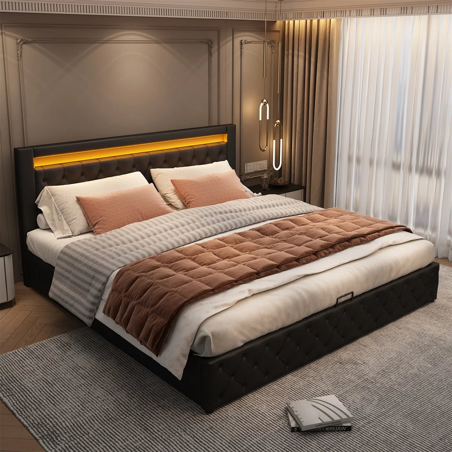 Adult chest bed 180x200 cm, double bed with slatted box and LED lighting, PU bed headboard PU, Black