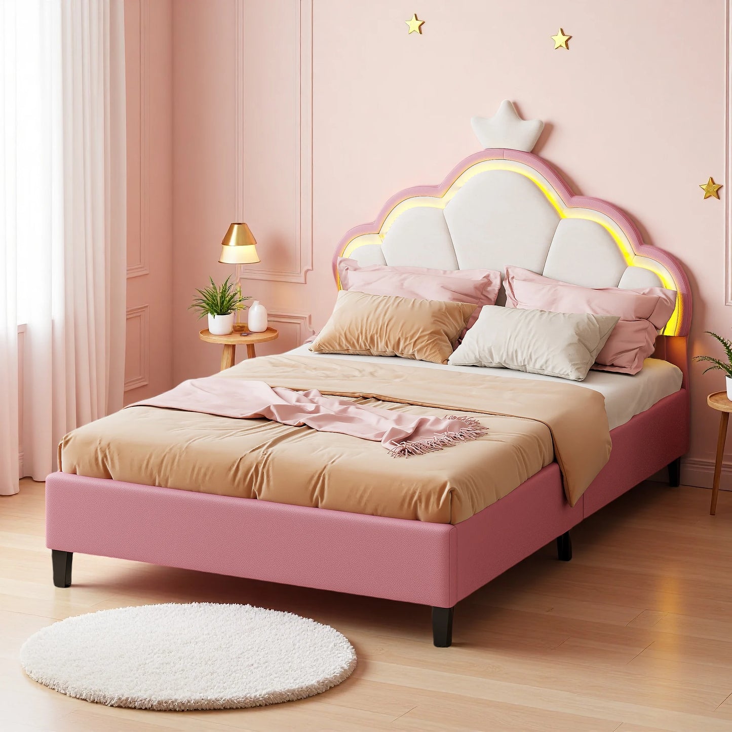 Rosahqnda Children's bed, girls Single bed, Double Bed, Crown Shape Princess bed, Adjustable Headboard, Pink
