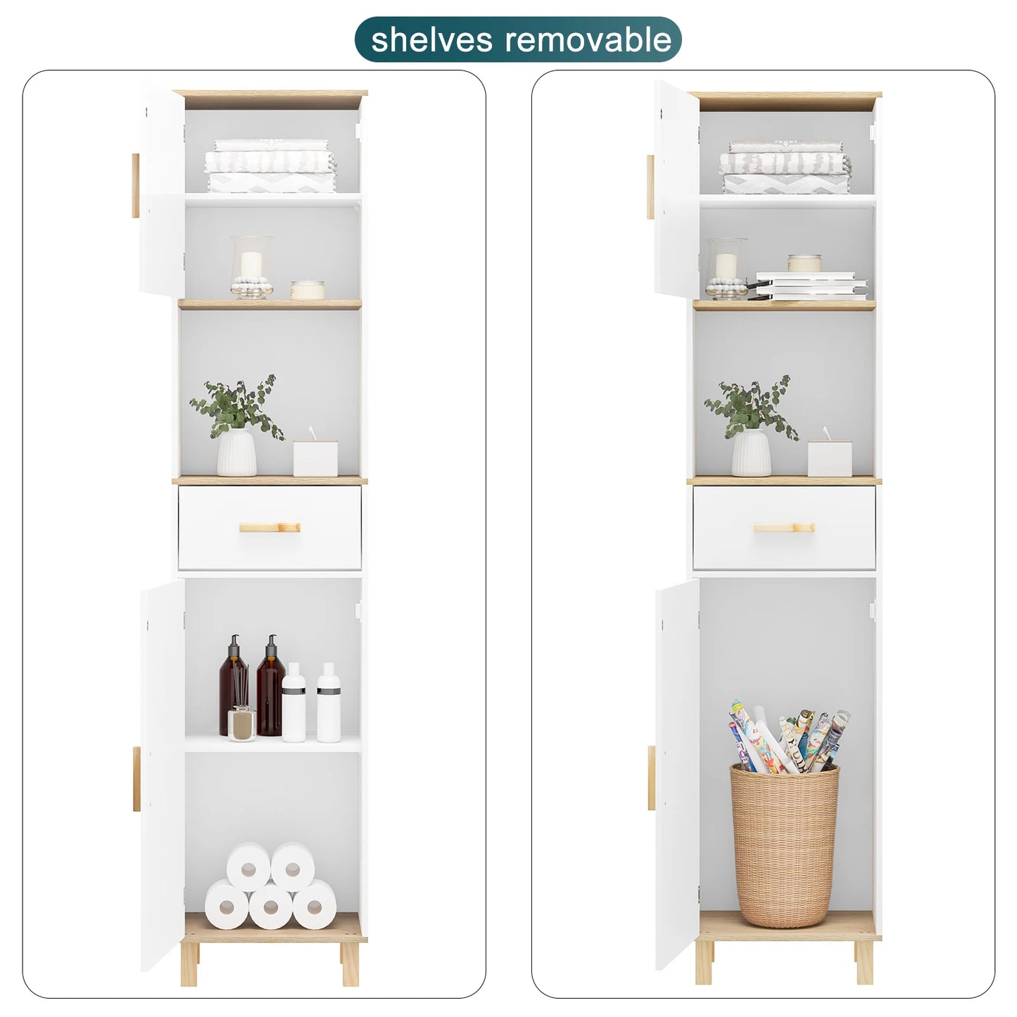 Tall Bathroom Cabinet with 5 Compartments 1 Drawer Adjustable Partitions 39x179x30cm Shower Corner Shelf Storage Rack
